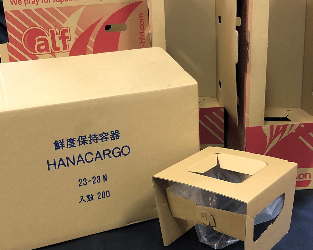 花カーゴは、縦型湿式流通に対応するワンウェイタイプの鮮度保持容器の商品名です。